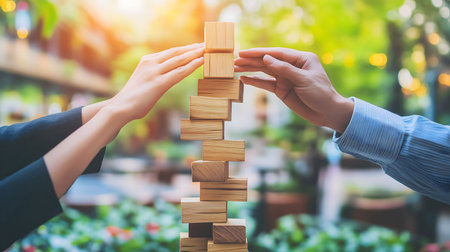 Business team protecting stacking wooden block tower, risk and strategy in business conceptの素材
