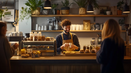 Barista smiling while preparing coffee for customers in a modern coffee shopの素材