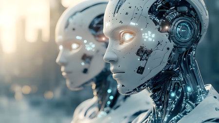 Two humanoid robots with glowing eyes in a futuristic cityscape.の素材
