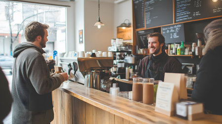 Barista is taking an order from a customer in a coffee shopの素材