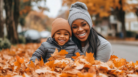 Mother and her son are enjoying a beautiful autumn day playing in a pile of orange maple leavesの素材
