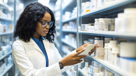 Young pharmacist is checking medicine stock in a pharmacy using a digital tabletの素材