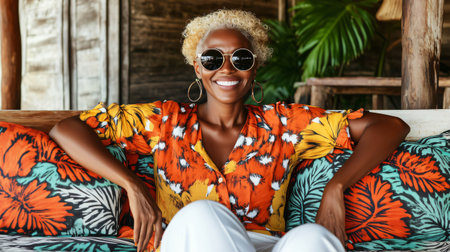Beautiful black woman with blonde hair relaxing on sofa at hotel resortの素材
