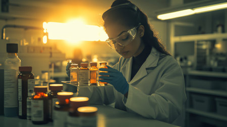 Scientist wearing a lab coat and safety glasses is holding a sample vial and working in a laboratory at sunsetの素材