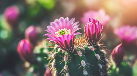 Close up of pink cactus flowers blooming in a garden with a blurred backgroundの素材