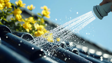 Gardener is watering plants on a rooftop on a sunny day using a water hoseの素材