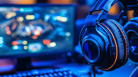 Professional gaming headphones with neon lights are lying on a table with a blurred computer monitor displaying a video game in the backgroundの素材