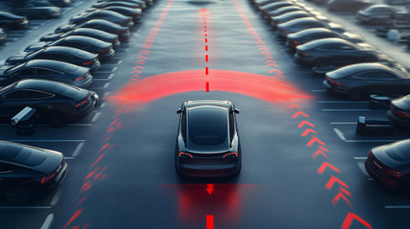 Modern car is parking autonomously in a modern parking lot, using its sensors to avoid other vehiclesの素材