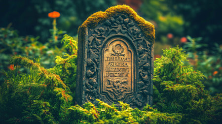 Ancient weathered stone tablet covered in moss is standing in a cemeteryの素材
