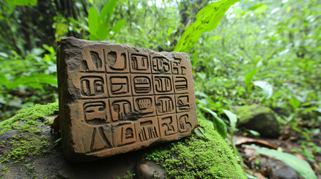 Ancient stone tablet with mayan glyphs is resting on moss in a tropical jungleの素材