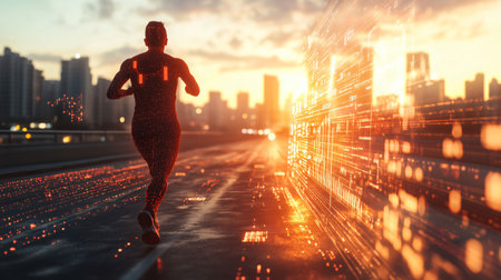Runner is jogging in an urban environment with performance tracking software overlayed on top in augmented realityの素材