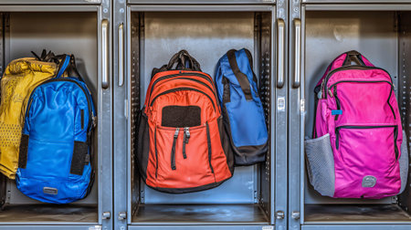 Four colorful backpacks are hanging from hooks inside of metal gym lockersの素材