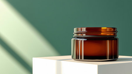 Amber jar is sitting on a white surface with a green background and the sun shining on itの素材