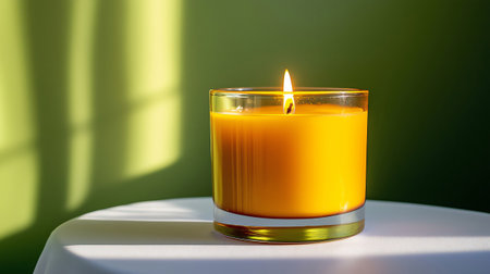 Burning scented candle is casting a warm glow on a table by a window with sunlight streaming inの素材