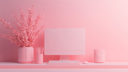 Minimalist home office setup with a computer showing a blank screen, perfect for showcasing productivity or design conceptsの素材