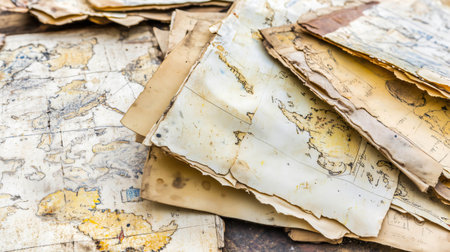 Stack of antique world maps showing the effects of time with yellowed paper and frayed edgesの素材