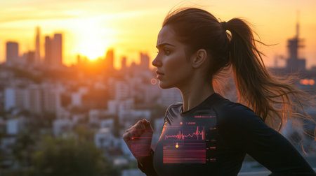 Young woman is running outside at sunset with a digital interface monitoring her performanceの素材