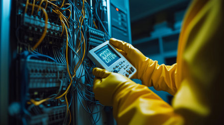 Electrician wearing a protective suit is checking voltage using a digital multimeterの素材