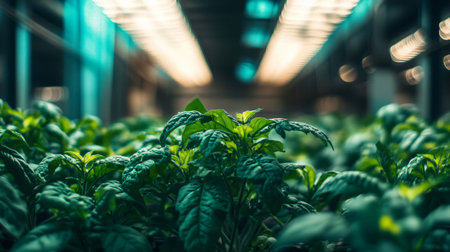 Leafy green plants growing under lights in an indoor farmの素材