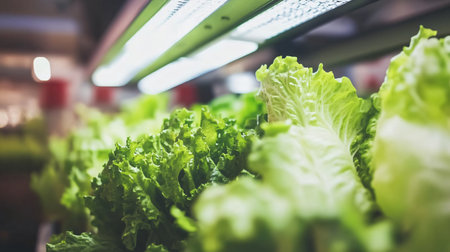 Rows of vibrant green lettuce growing under led lights in an indoor farmの素材