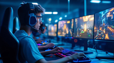 Team of pro gamers wearing headphones and playing in an online video game tournamentの素材
