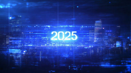 2025 projected over futuristic cityscape at night illustrating technological advancementの素材