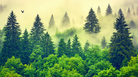 Dense fog is rolling through a forest of tall pine treesの素材