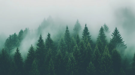 Dense fog is engulfing a forest of tall pine trees, creating a mysterious and evocative atmosphereの素材