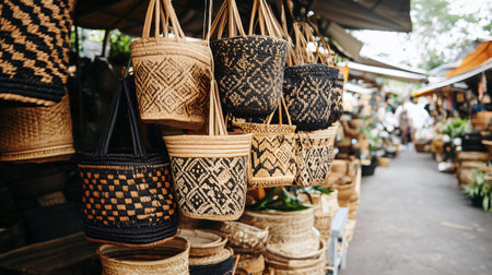 Traditional balinese handwoven rattan bags hanging in a shop at ubud art market, bali, indonesiaの素材