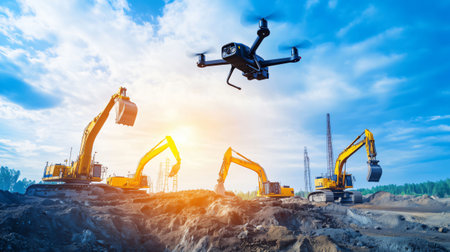 Drone is flying over excavators working at an open pit mine siteの素材