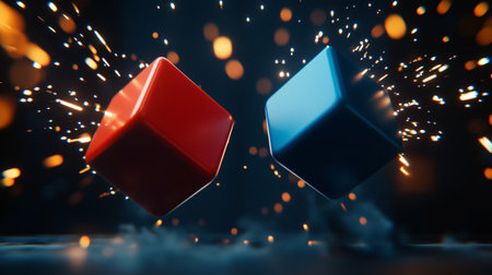 3d rendering of a red and a blue cube colliding with sparks in the airの素材