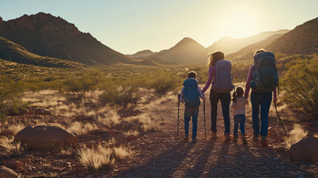 Family is enjoying a scenic hike on a desert trail, with the setting sun casting a warm glow on the landscapeの素材