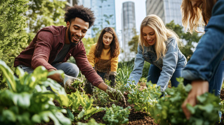 Volunteers smiling and working together taking care of plants in a community gardenの素材