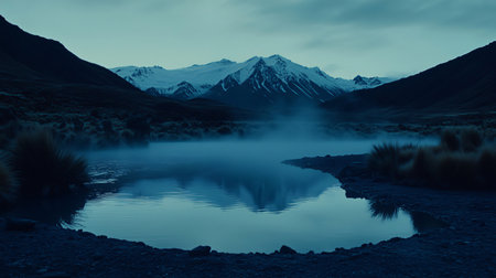 Ethereal fog is hovering over a river at dawn with mist rising above the waterの素材