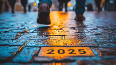 People walking on a cobblestone street towards the year 2025 painted on the groundの素材
