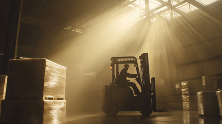 Warehouse worker is driving a forklift in a logistics center full of pallets bathed in warm sunlightの素材
