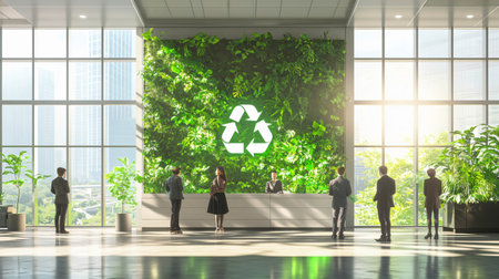 Business people are waiting in a modern green office building lobby with a recycling sign, symbolizing environmental awareness and sustainabilityの素材