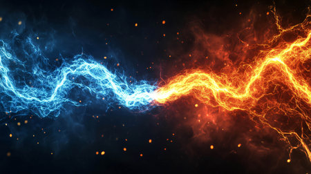 Blue and orange electrical plasma lightning bolts are colliding on a dark background with sparksの素材