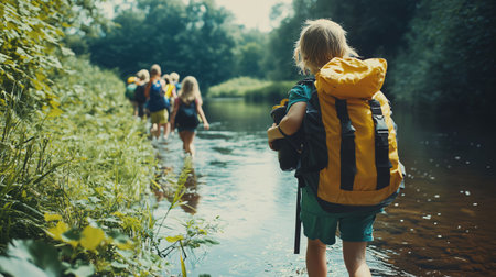 Group of young students wearing backpacks are enjoying a sunny day as they hike through nature, crossing a riverの素材