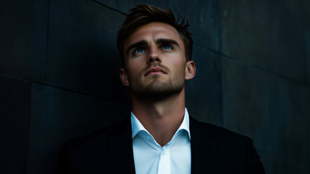 Young businessman is looking up with a thoughtful expression, conveying a sense of hopeの素材