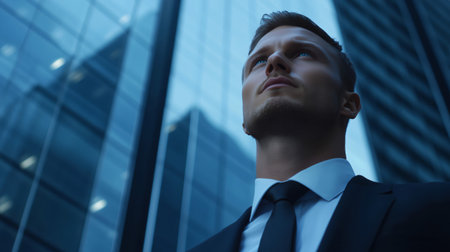 Businessman is standing in the city at the foot of skyscrapers looking upwardsの素材