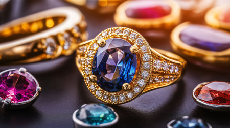 Gold ring with a large blue gemstone surrounded by diamonds and other gemstonesの素材