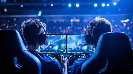 Two professional e-sport gamers wearing headsets playing a video game in an arenaの素材