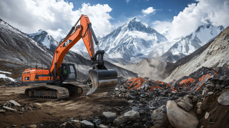 Excavator is moving rocks on a mountain road construction site with mount everest in the backgroundの素材