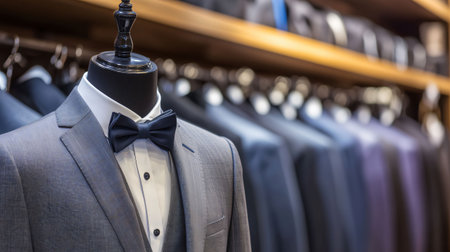 Mannequin wearing elegant suit with bowtie in a tailoring atelier with many suits on hangers in the backgroundの素材