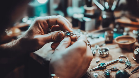 Jeweler is holding a ring with a blue gemstone, examining his work on a workbench full of tools and gemstonesの素材
