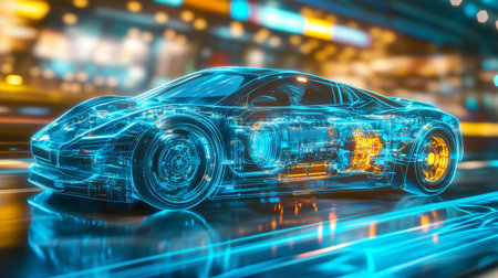 Holographic x-ray view of electric sports car driving on the road showing its internal parts and batteryの素材