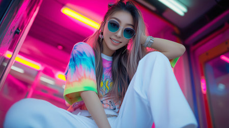 Influencer is sitting in a colorful photo booth, wearing a tie-dye shirt and sunglassesの素材
