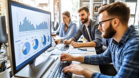 Team of analysts is working together in the office, using a computer to analyze financial data and improve their business strategyの素材