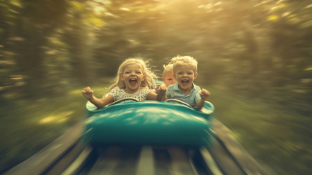 Three young children having fun riding a rollercoaster in an amusement parkの素材